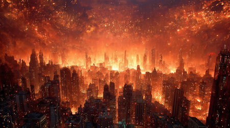 Apocalypse. Burning city, abstract vision. Photo manipulation. Night scene. City destroyed by war.の素材
