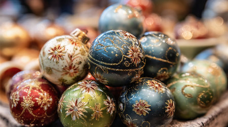 Cute retro Christmas tree balls with glitter pattern on counter at Christmas flea market close upの素材