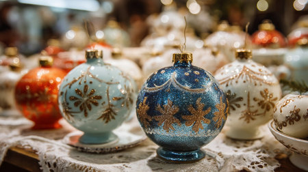 Cute retro Christmas tree balls with glitter pattern on counter at Christmas flea market close upの素材