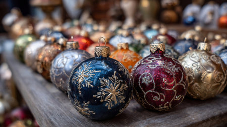 Cute retro Christmas tree balls with glitter pattern on counter at Christmas flea market close upの素材