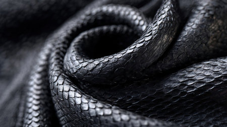 Folds of black snake skin, background with textured scale patternの素材
