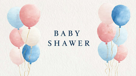 Baby invitation shower template with cute pink and blue balloons watercolor illustrationの素材