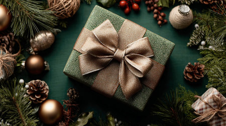Wrapped Christmas gift box with shiny bow among festive props on dark green holiday backgroundの素材