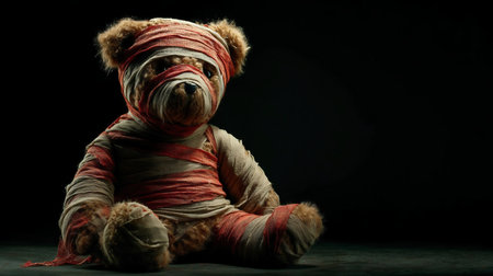 Old brown teddy bear wrapped in bloody bandages on a black background. Halloween conceptの素材