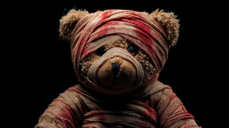 Old brown teddy bear wrapped in bloody bandages on a black background. Halloween conceptの素材