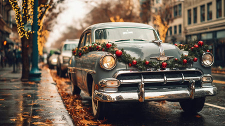 vintage retro car decorated for Christmas on city streetの素材