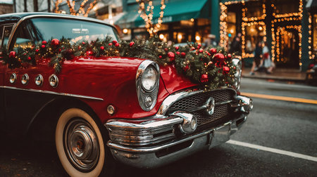 vintage retro car decorated for Christmas on city streetの素材