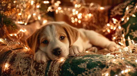 puppy relaxes among festive decorations and lights during winter daysの素材