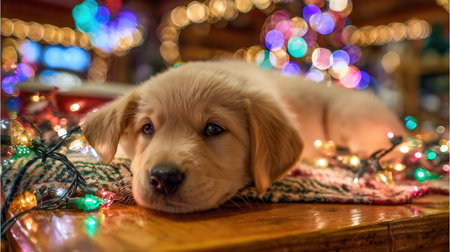 puppy relaxes among festive decorations and lights during winter daysの素材