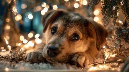 puppy relaxes among festive decorations and lights during winter daysの素材