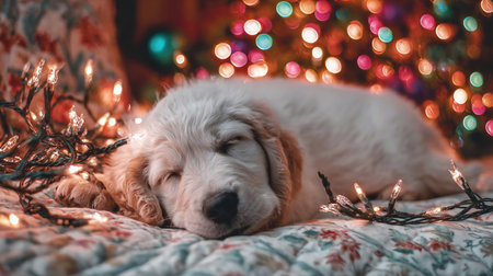 puppy relaxes among festive decorations and lights during winter daysの素材