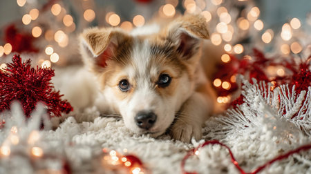 puppy is lying among white and red festive decorations and lights during winter daysの素材