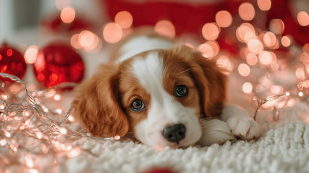 puppy is lying among white and red festive decorations and lights during winter daysの素材