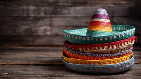 typical colorful stalls in Mexico with Sombreri and typical colorful cloaks of the popular tradition. Stack of colorful Mexican hats on wooden backgroundの素材