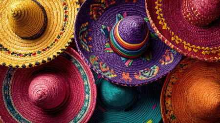 Colorful Stacks of Traditional Mexican Sombreros. Abstract background of colorful traditional Mexican sombrero hatsの素材