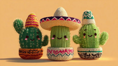 A woman hung a straw hat on a tall cactus. Cute cacti in Mexican hatsの素材