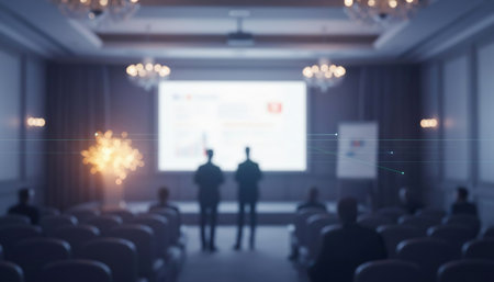 Blurred image of a conference room with people attending a meeting. Abstract blurred image of conference and presentation in the meeting roomの素材