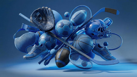 Sports equipment soccer, basketball, Blue Sports Equipment Collage 3d illustrationの素材
