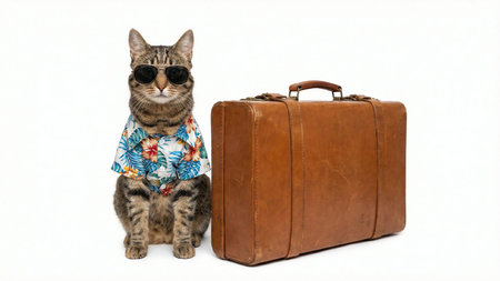Cat wearing summer shirt with sunglasses standing near travel suitcase isolate on white backgroundの素材