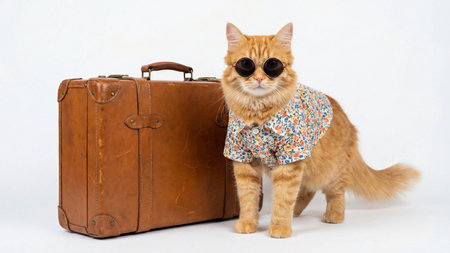 Cat wearing summer shirt with sunglasses standing near travel suitcase isolate on white backgroundの素材
