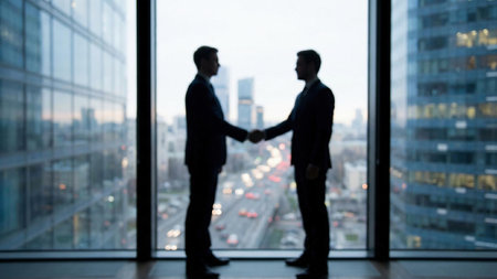 Business agreement concept showing blurred silhouette of business people shaking hands near large window in office building showing blurry cityscapeの素材