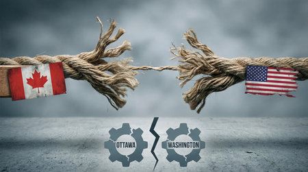 Canada US crisis concept as a Broken Rope stretched with force and stressed, to a decoupling metaphor for pressure on the economic and political relationship between Ottawa and Washingtonの素材