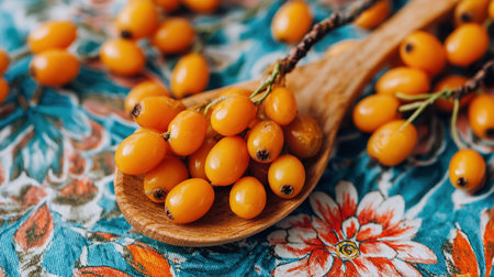 Close up photo of sea buckthorn berries on a wooden spoon with a floral backgroundの素材