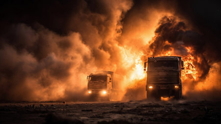 Trucks driving through fire with flames and smoke in a dramatic scene depicting destructionの素材