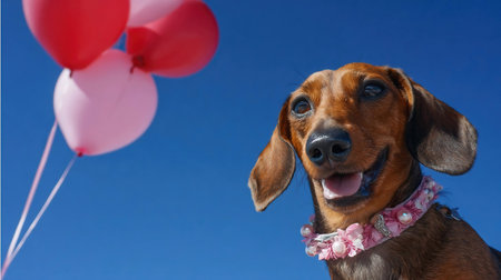 Adorable dachshund dog wearing festive necklace and balloons under a bright blue sky photoの素材