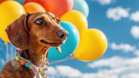 Adorable dachshund dog wearing festive necklace and balloons under a bright blue sky photoの素材