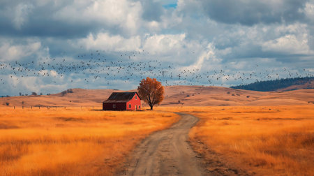 Autumn farm illustration of a red barn, pond, golden trees and birds flying away to warm places. Tranquil Autumn Landscape With Red Barn Road Birds And Golden Fieldsの素材