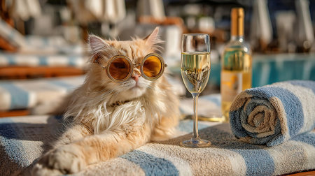 A luxurious cat enjoying poolside relaxation with golden sunglasses and wineの素材