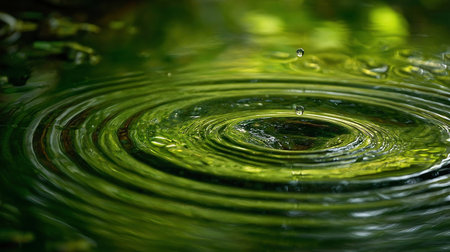 Tranquil Water Drops Create Ripples In A Green Pondの素材