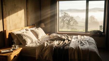 Serene Morning Light Illuminating Comfortable Bed Overlooking Foggy Countryside Photoの素材
