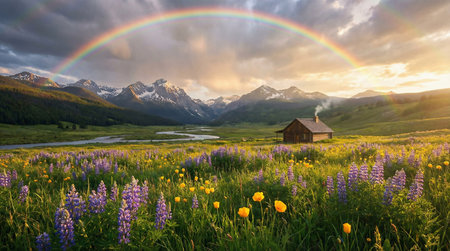Serene Mountain Landscape With A Vibrant Rainbow And Sunlit Meadow High Resolution Imageの素材