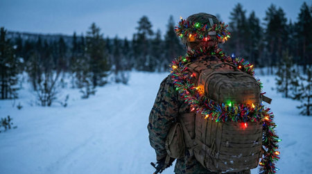 back view of military soldier decorated with Christmas garland. Christmas at warの素材
