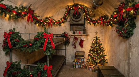 bomb shelter decorated with Christmas garland. Christmas at warの素材