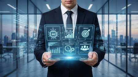 Businessman holding KPI interface with infographic icons for AI, finance, goals tracking, productivity, and team management in a digital workspace for performance analytics and smart strategy planningの素材