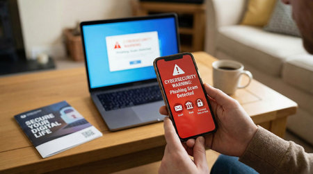 Online payment fraud warning during mobile transaction as man uses credit card and smartphone for digital banking, facing potential fraud, phishing, and cybersecurity threats in financial transactionsの素材