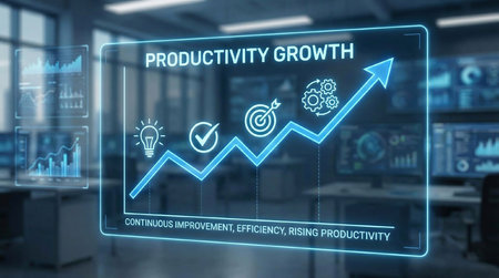 Continuous improvement, productivity growth concept. Pointing upward digital growth line with icons for ideas, checks, targets and processes. Continuous improvement, efficiency, rising productivityの素材