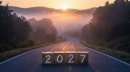 New beginning, new year 2027. Wooden blocks displaying the year 2027 are placed on a road leading into a misty valley at sunrise. The journey into a new year filled with opportunity and visionの素材