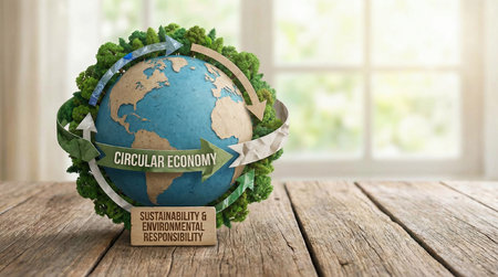 Circular Economy concept. Sustainability and environmental responsibility. Earth encircled by green forests, symbolizing global environmental conservation, the importance of preserving natureの素材