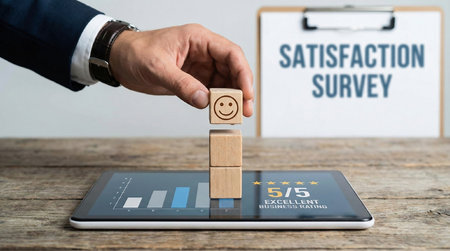 customer services best excellent business rating experience. Satisfaction survey concept. Hand of a businessman chooses a smile face on wood blockの素材