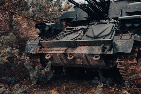 anti-aircraft installation close up. Combat vehicle in positionの写真素材