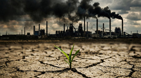 In the foreground, a single sprout growing from dry ground in the middle ground. In the background, a factory with many pipes and black smoke.の素材