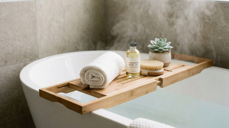 Close-up of a modern bathtub edge with a wooden bath caddy. On the caddy: a rolled white waffle towel, a bottle of organic body oil, a dry body brush, and a small succulent. Soft focus on the steam rising from the water.の素材