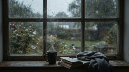 View of a wide wooden window sill during a rainy day. Raindrops on the glass pane, blurred garden in the background. On the sill: a steaming ceramic mug of tea, an open book, and a soft cashmere scarf.の素材