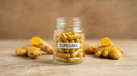 Still life photography. A handful of bright yellow turmeric roots scattered around a clear glass jar filled with yellow capsules/pills. The scene is set on a light wooden background. Sharp focus on the capsules, soft focus on the root. Health and natural supplement concept, studio quality.の素材
