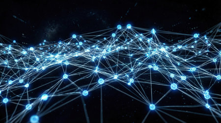 Artificial Intelligence Neural Network Visualization. Complex three-dimensional lattice structure of interconnected glowing blue nodes and thin white lines, fading into a deep black background. High resolution, concept of Machine Learning, digital space.の素材
