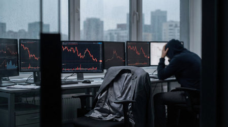 Candles of the stock market, price falls. Falling prices of securities. Loss of assets in equities stock. Deceasing trend showing unsuccessful performance and losses failure due to economic crisis. Photo without textの素材